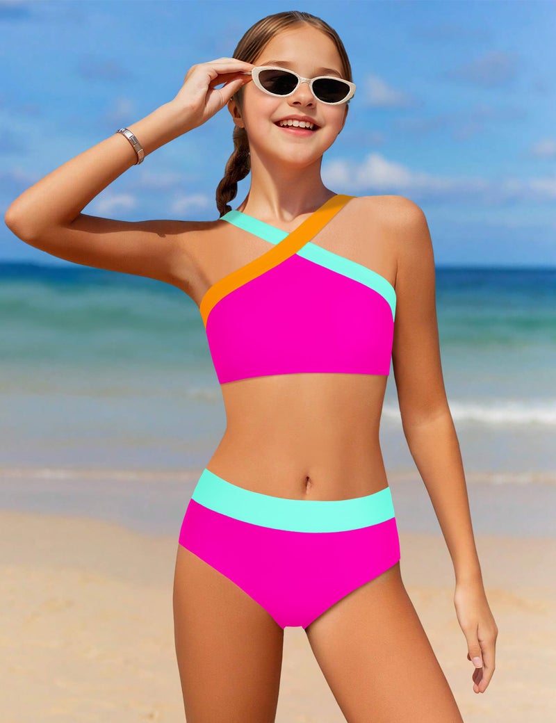 Dearnow Girls Swimsuits Size 8 10 Bathing Suits Size 8-10 Kids Two Piece Bikini Set Criss Cross Strap Color-Blocking Girls' Swimwear Pink 9-10 Years - Image 3