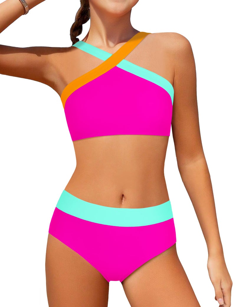 Dearnow Girls Swimsuits Size 8 10 Bathing Suits Size 8-10 Kids Two Piece Bikini Set Criss Cross Strap Color-Blocking Girls' Swimwear Pink 9-10 Years - Image 1