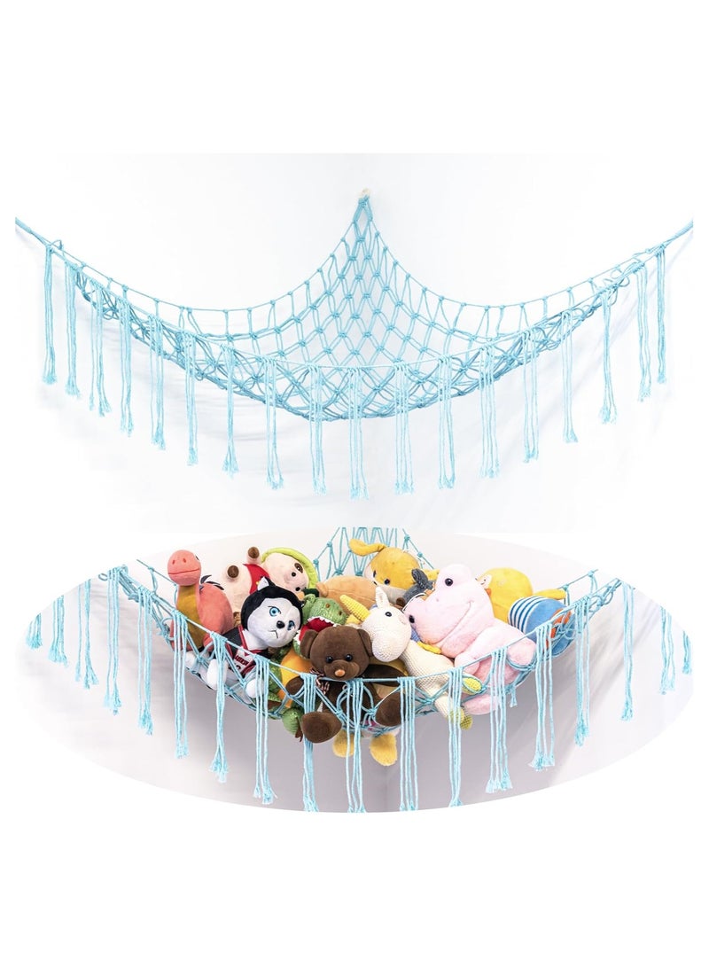 Stuffed Animals Net or Hammock Large, Toy Hammock Macrame Stuff Animal Storage Corner Hanging Net Holder,Mesh Hammock Plush Toy Organizer with Hooks for Bedroom,Nursery ，100*100*150(pale blue) - Image 1