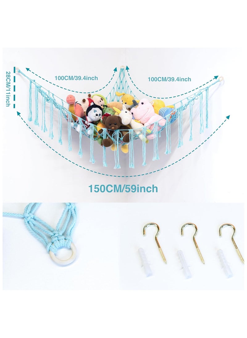 Stuffed Animals Net or Hammock Large, Toy Hammock Macrame Stuff Animal Storage Corner Hanging Net Holder,Mesh Hammock Plush Toy Organizer with Hooks for Bedroom,Nursery ，100*100*150(pale blue) - Image 2