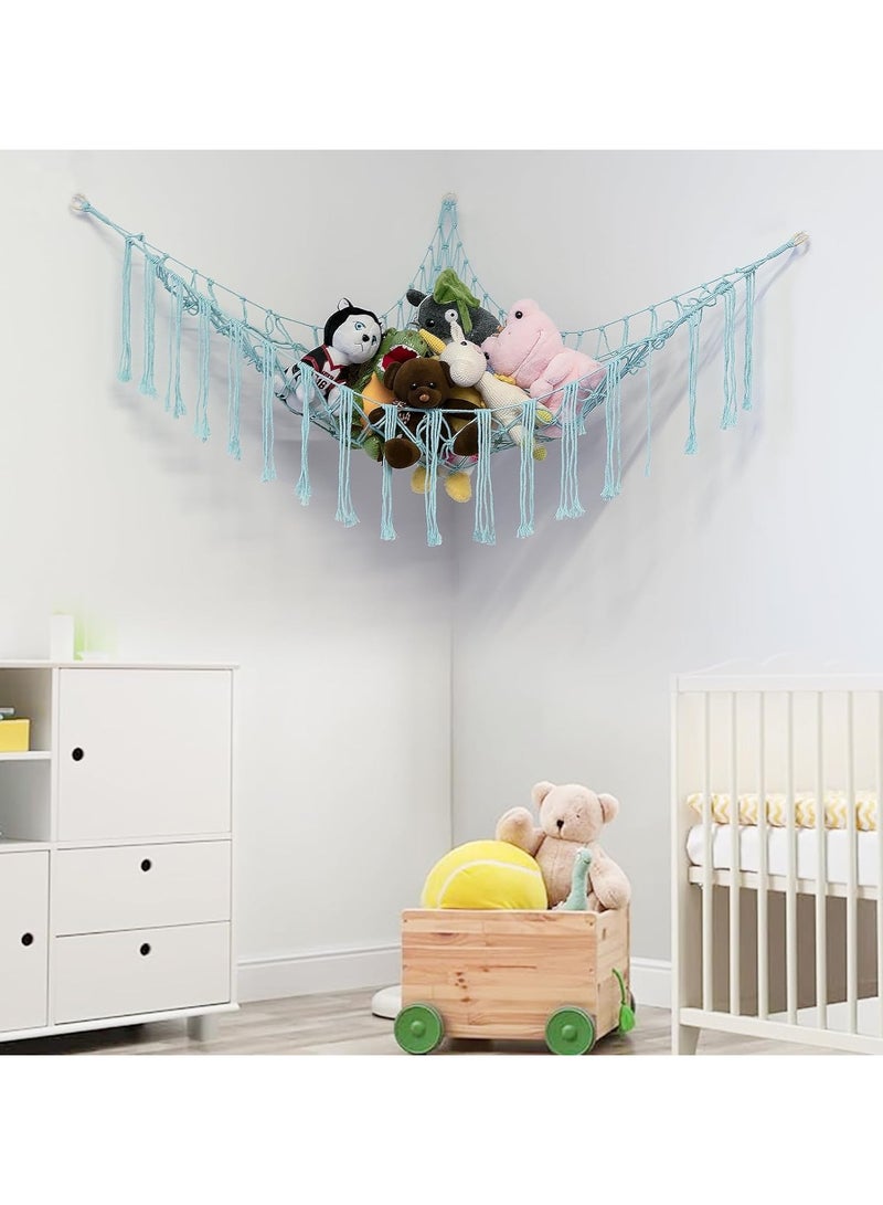 Stuffed Animals Net or Hammock Large, Toy Hammock Macrame Stuff Animal Storage Corner Hanging Net Holder,Mesh Hammock Plush Toy Organizer with Hooks for Bedroom,Nursery ，100*100*150(pale blue) - Image 3