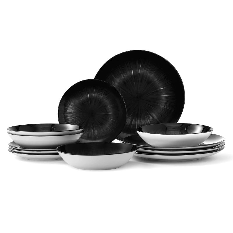 BEST ONE Bestone 12 Piece Round Kitchen Dinnerware Sets,Plates and Bowls sets,Dishes, Plates, Bowls, Dish Setï¼ŒPlates and Bowls,Service for 4, Chip Resistant Porcelain ï¼ŒStarburst Turquoise Black - Image 1