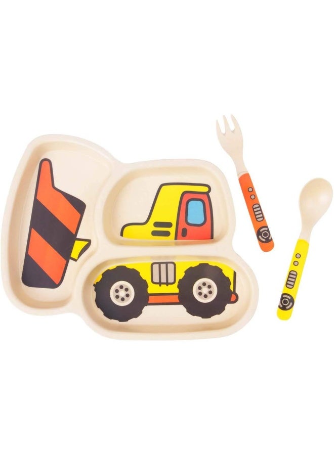 Lightening Kid Plate Set Bamboo Toddler Plates Dinnerware Dinner Dish Set Baby Feeding Spill Proof Divided Plate - Baby Spoon and fork 3-Piece Set for Kids and Toddlers Teaches Child Portion Control - Image 1