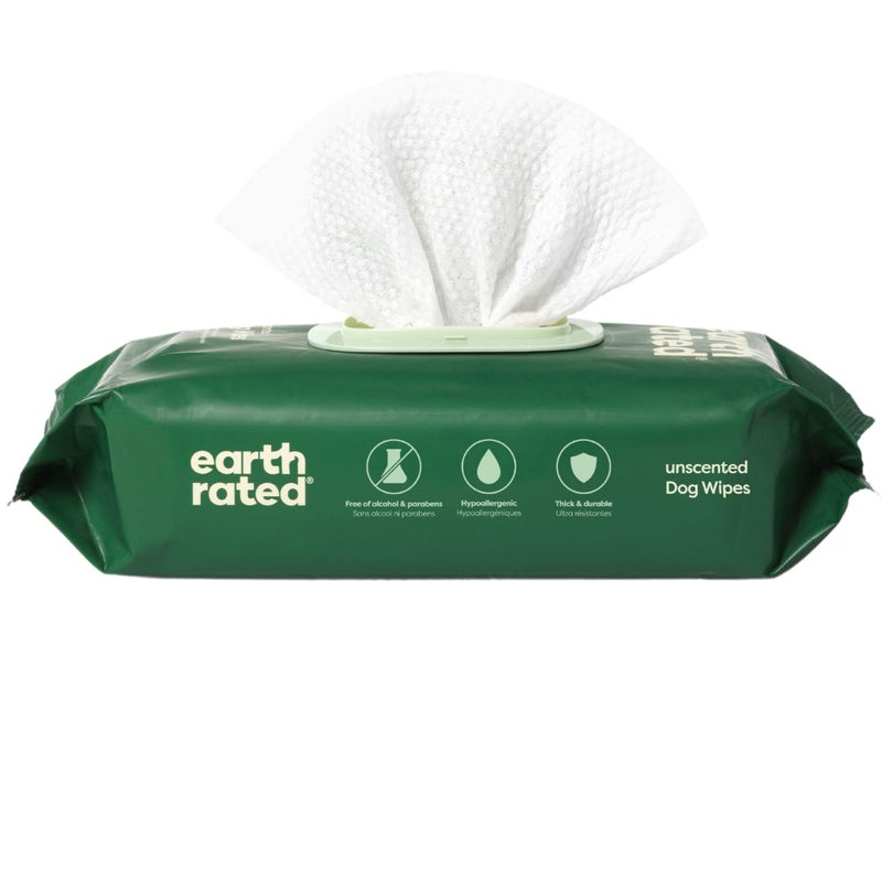 Earth Rated مناديل الكلاب المضادة للحساسية من Earth Rated، مناديل تنظيف والتحكم في الروائح للأقدام والجسم والمؤخرة، مثالية للجرو والكلاب البالغة، بدون رائحة، 100 قطعة - Image 1