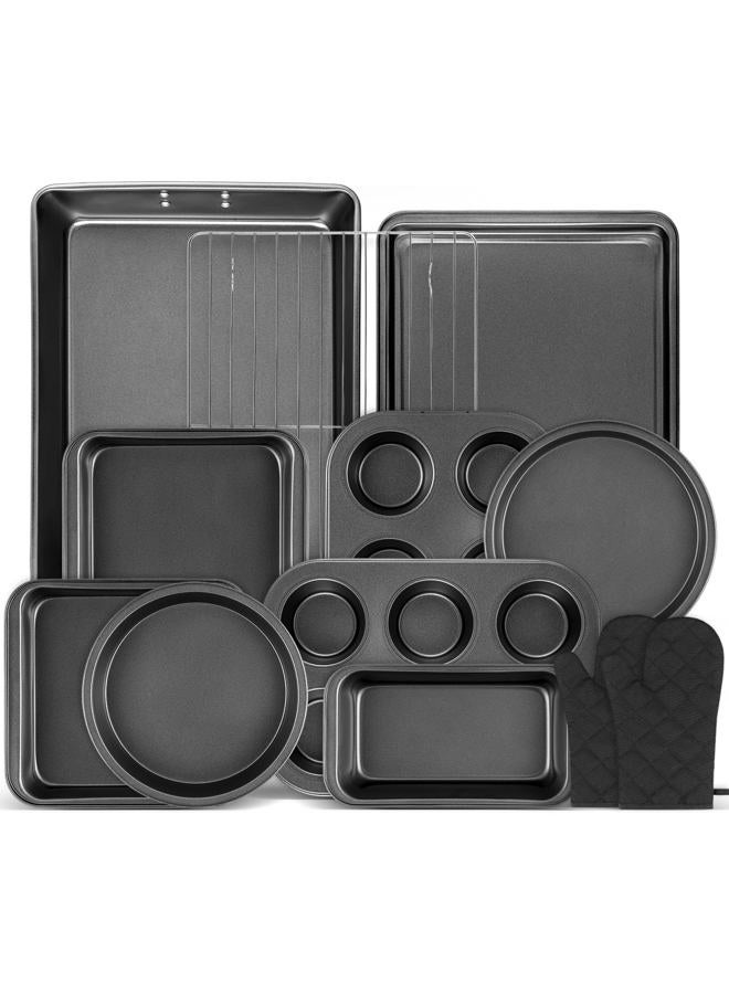 Gymdin 12PCS Nonstick Bakeware Set, Non-Toxic Carbon Steel Baking Pans Set with Wider Grip, Includes Roasting Pan, Cookie Sheet, Cake Pans, Muffin Pans, Cooling Rack, Oven Mitts, Easy Release - Image 1