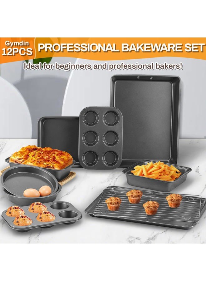 Gymdin 12PCS Nonstick Bakeware Set, Non-Toxic Carbon Steel Baking Pans Set with Wider Grip, Includes Roasting Pan, Cookie Sheet, Cake Pans, Muffin Pans, Cooling Rack, Oven Mitts, Easy Release - Image 4