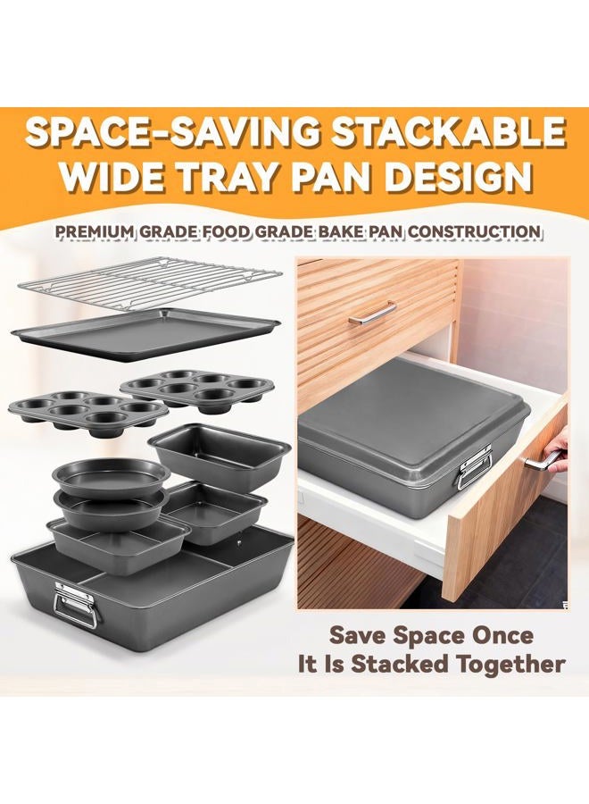 Gymdin 12PCS Nonstick Bakeware Set, Non-Toxic Carbon Steel Baking Pans Set with Wider Grip, Includes Roasting Pan, Cookie Sheet, Cake Pans, Muffin Pans, Cooling Rack, Oven Mitts, Easy Release - Image 2
