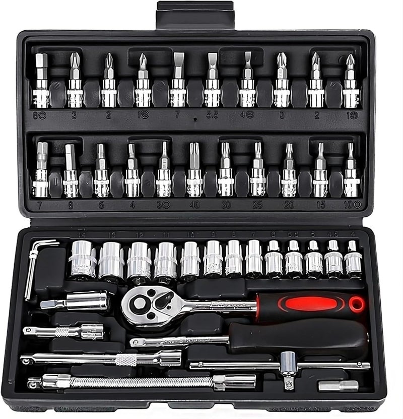 SWAMINE 46Pcs 1/4 Inch Drive Box End Socket Set,Metric Ratchet Wrench Set With 4-14Mm Cr-V Sockets,S2 Bits,Extension Bars,Mechanic Tool Kits For Household Auto Repair (46 IN1 TOOL KIT) - Image 1
