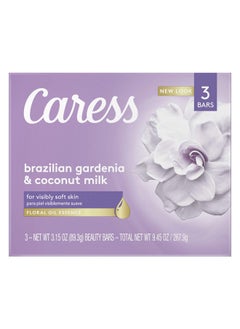Caress Aress Beauty Bar Soap For Visibly Soft Skin Brazilian Gardenia & Coconut Milk With Floral Oil Essence 3.15 Oz 3 Bars  - Image 1