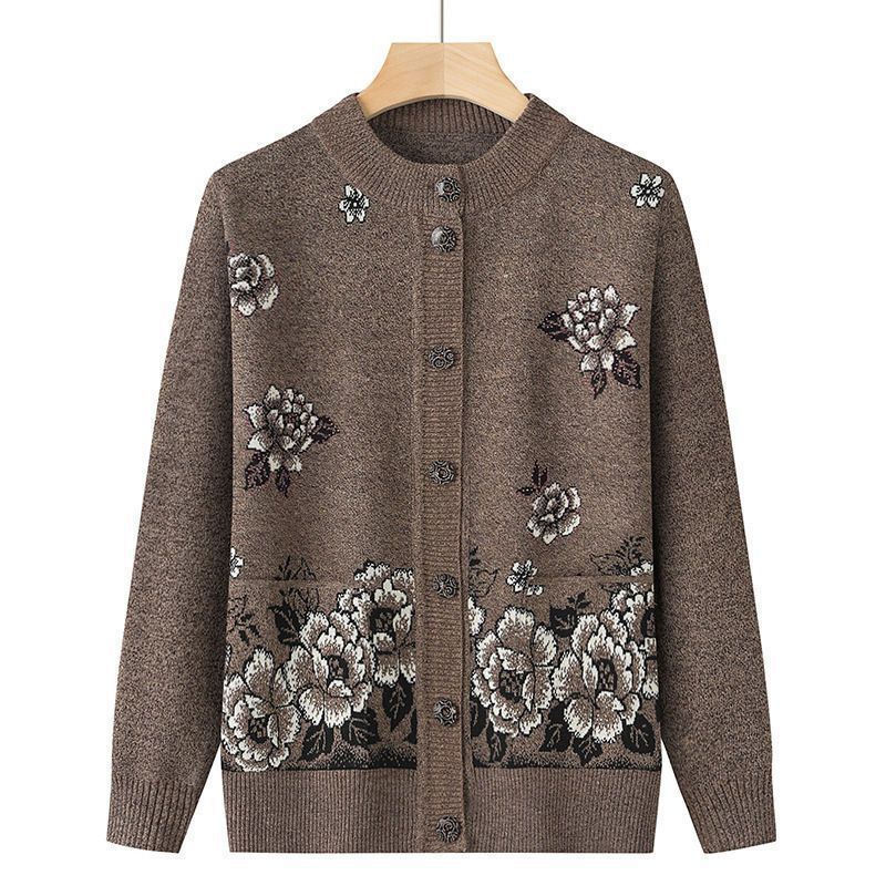 Middle-aged and elderly womens mothers clothing autumn and autumn sweater grandmas autumn and winter cardigan elderly clothes sweater coat round neck loose-fit Caramel color - Image 1