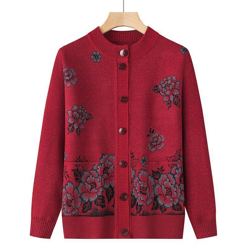 Middle-aged and elderly womens mothers clothing autumn and autumn sweater grandmas autumn and winter cardigan elderly clothes sweater coat round neck loose-fit Caramel color - Image 2