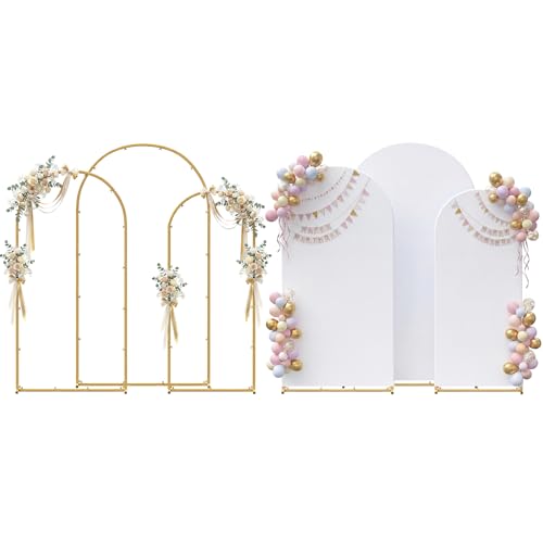 Toolterritary Set of 3 Metal Arch Backdrop Stand with Cover Set, (7.2FT, 6.6FT, 6FT Wedding Arch and Cover Set), Backdrop Arch for Party, Baby Shower, Birthday, and Graduation Ceremony - Image 1