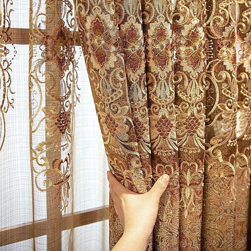 ELKCA European Embroidered Curtains for Living Room Luxury Brown Embroidered Window Curtains for Kitchen 52 W x 84 LPack of 2 - Image 4