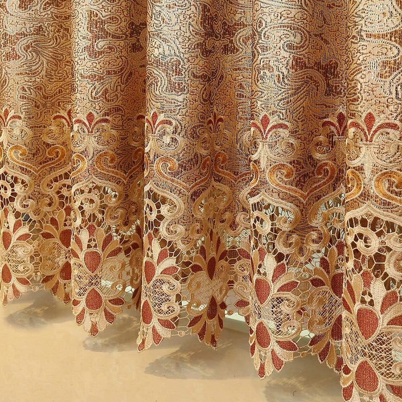 ELKCA European Embroidered Curtains for Living Room Luxury Brown Embroidered Window Curtains for Kitchen 52 W x 84 LPack of 2 - Image 5