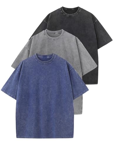 Arssm 3 Pack Men Oversized T Shirts Vintage Tee Loose Fit Short Sleeve Casual Streetwear Baggy Washed Unisex Tops(BlackGreyBlue-L) - Image 1