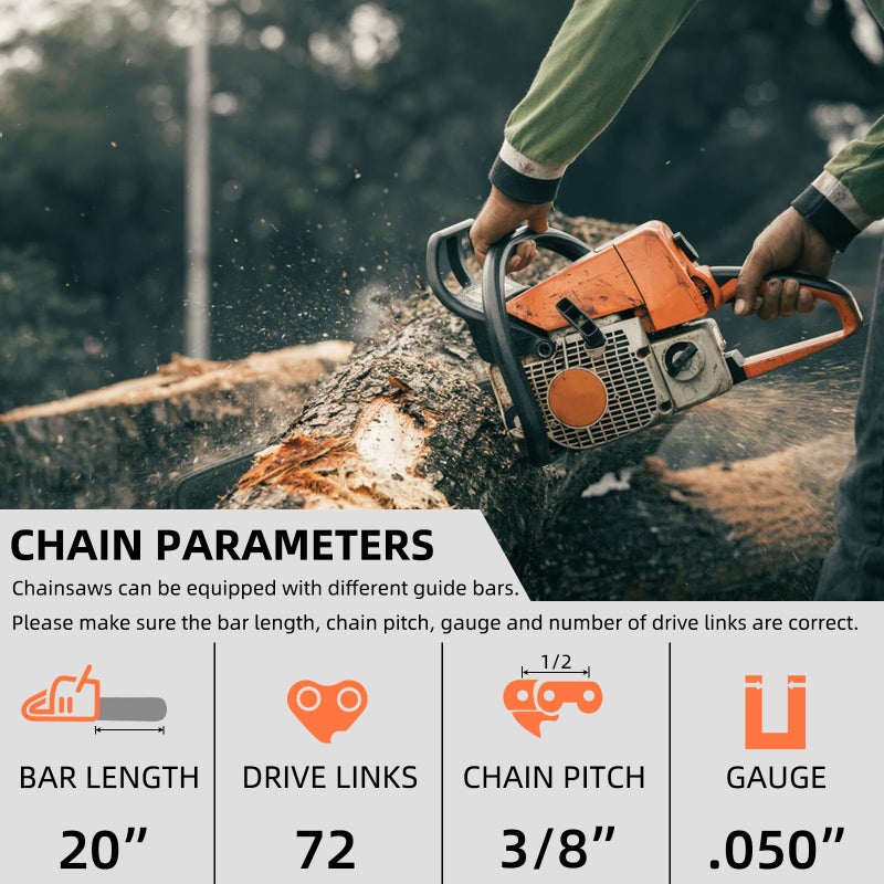 Fifchall 4 Pack 20 Inch Chainsaw Chain 3/8" Pitch .050" Gauge 72 Drive Links Fits Husqvarna 455 Rancher, 460 Rancher, Stihl MS391 MS311 33RS-72, Poulan PR5020 - E72 (4 Chains) - Image 2