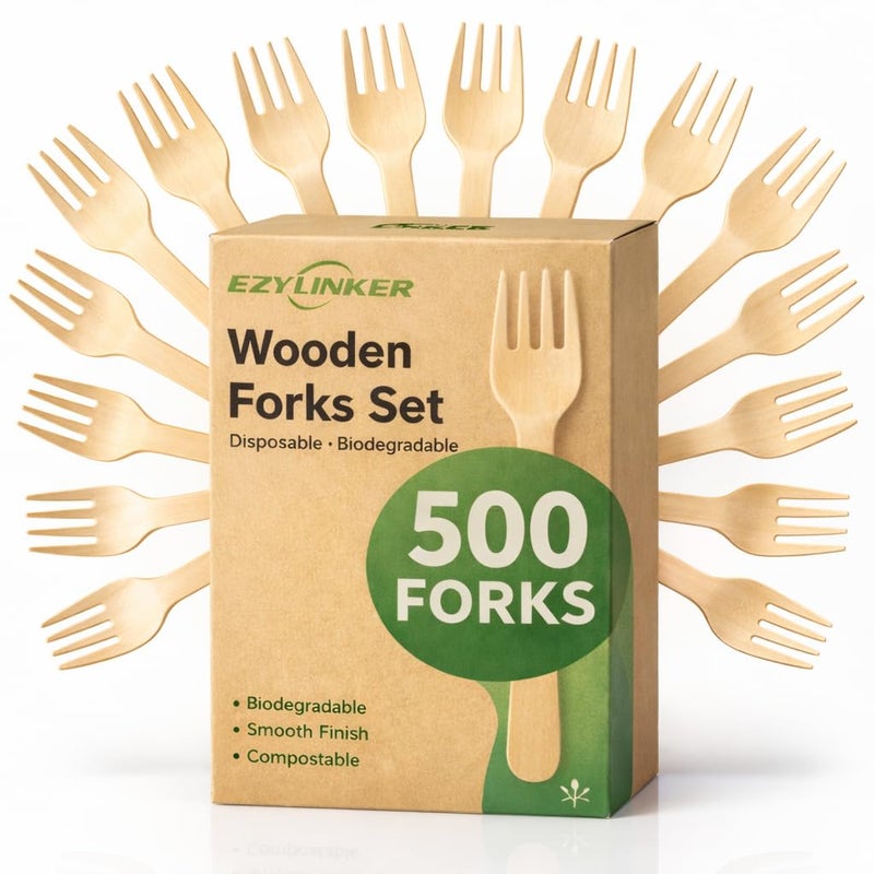 EZYLINKER 500 Wooden Forks, Disposable Wooden Cutlery Set - Alternative to Plastic, Eco Friendly, Biodegradable, Compostable Cutlery Set - 500 Compostable Forks, Disposable Utensils Set - Image 1