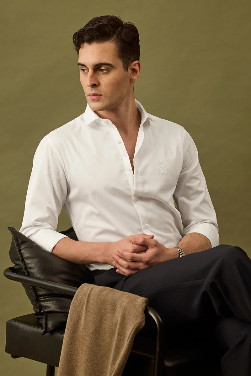 سنيتش White Embroidered Long Sleeve Slim Fit Formal Shirt