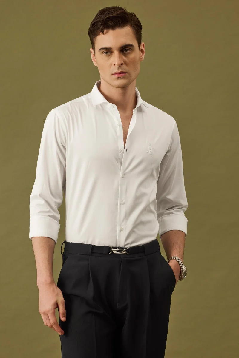 سنيتش White Embroidered Long Sleeve Slim Fit Formal Shirt