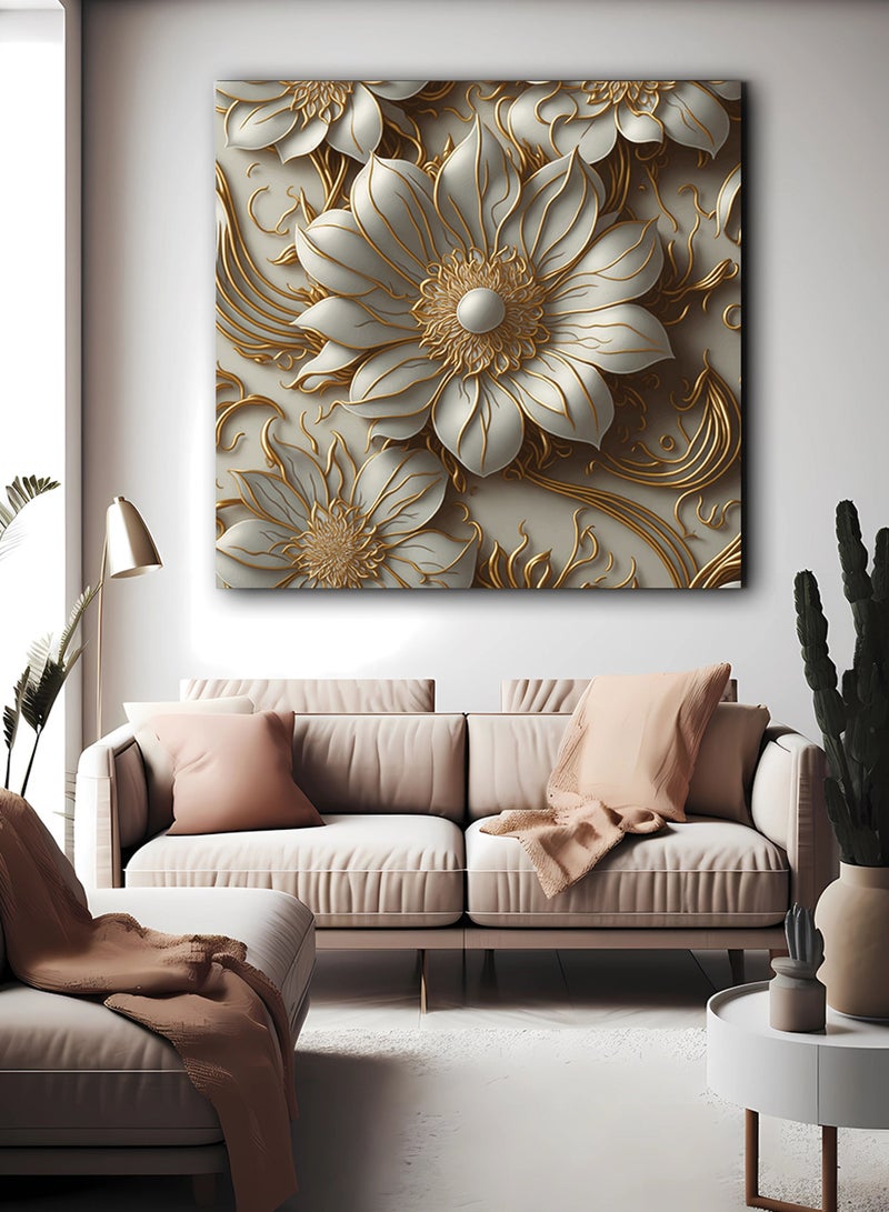 LOWHA Square Canvas Wall Art Stretched Over Wooden Frame with Elegant Flowers Painting - Image 1