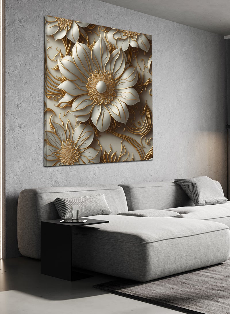 LOWHA Square Canvas Wall Art Stretched Over Wooden Frame with Elegant Flowers Painting - Image 2