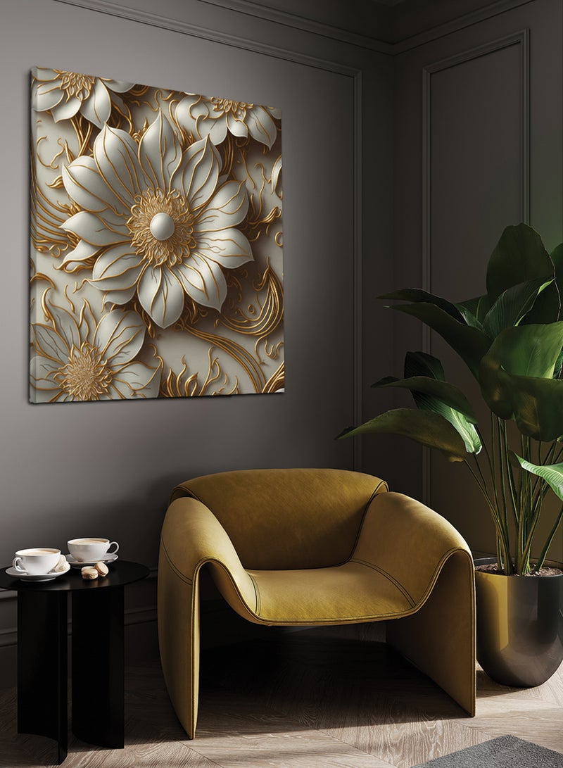 LOWHA Square Canvas Wall Art Stretched Over Wooden Frame with Elegant Flowers Painting - Image 3