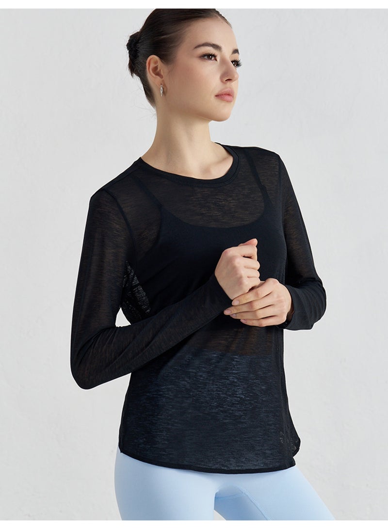Meilun Black Sheer Long - Sleeve Top with Cutout Back - Image 2