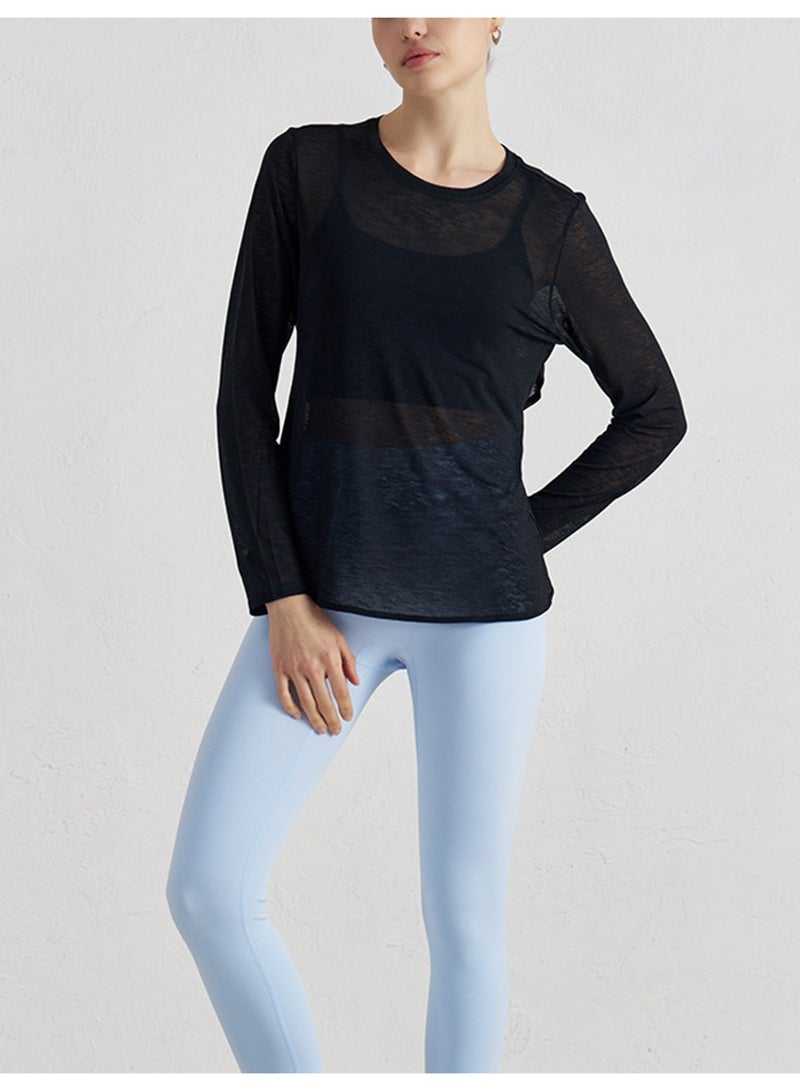 Meilun Black Sheer Long - Sleeve Top with Cutout Back - Image 5