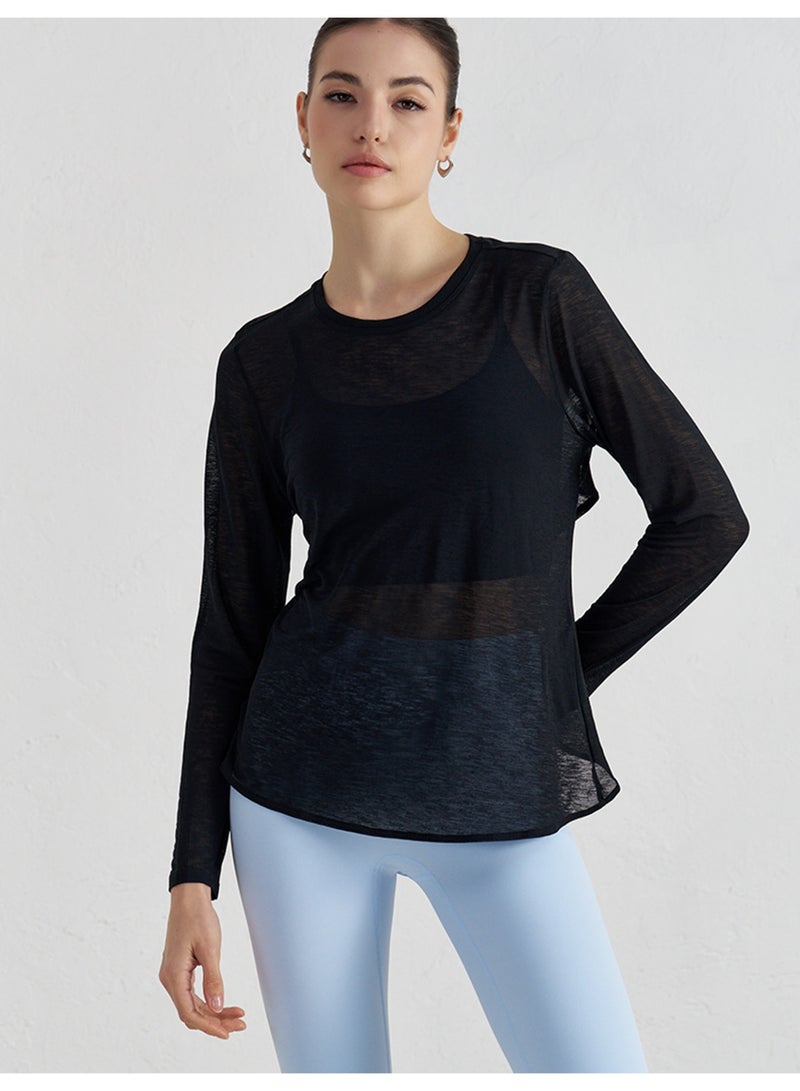 Meilun Black Sheer Long - Sleeve Top with Cutout Back - Image 1