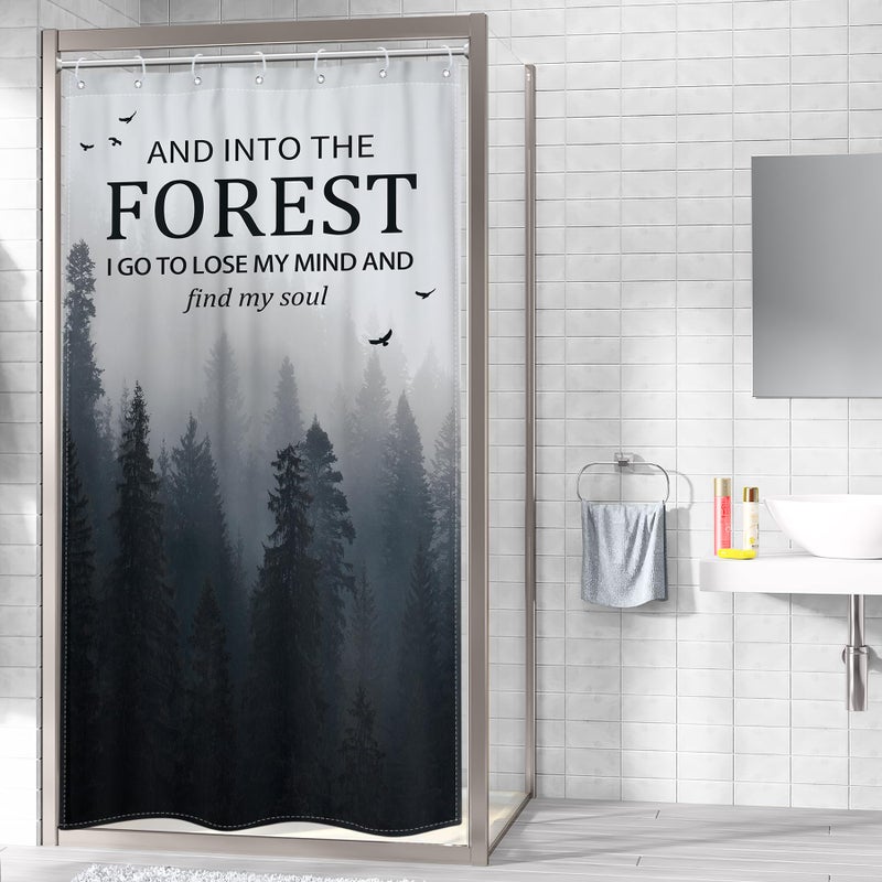 Riyidecor Small Stall Misty Tree Shower Curtain for Bathroom Decor 36Wx72H Narrow Half Rv Mens Dark Foggy Mountain Woodland Quotes Nature Art Printed Fabric Polyester Waterproof 7 Pack Plastic Hooks - Image 2