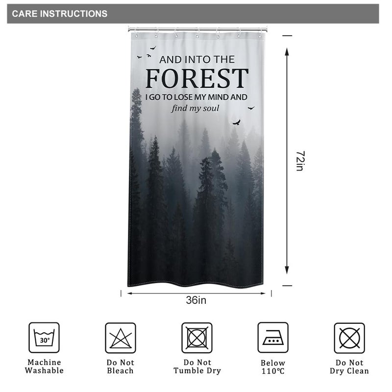 Riyidecor Small Stall Misty Tree Shower Curtain for Bathroom Decor 36Wx72H Narrow Half Rv Mens Dark Foggy Mountain Woodland Quotes Nature Art Printed Fabric Polyester Waterproof 7 Pack Plastic Hooks - Image 3