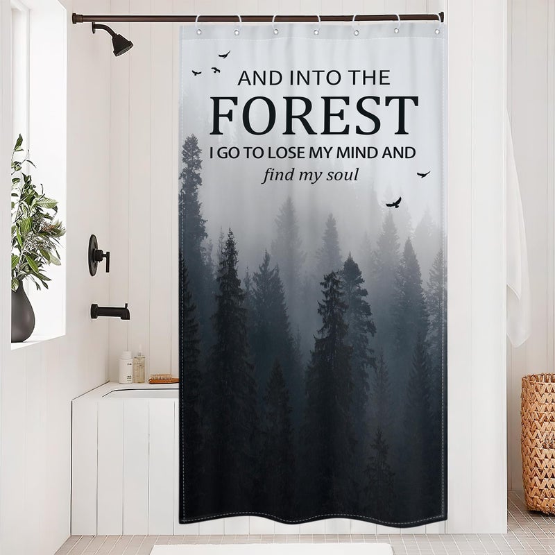 Riyidecor Small Stall Misty Tree Shower Curtain for Bathroom Decor 36Wx72H Narrow Half Rv Mens Dark Foggy Mountain Woodland Quotes Nature Art Printed Fabric Polyester Waterproof 7 Pack Plastic Hooks - Image 1