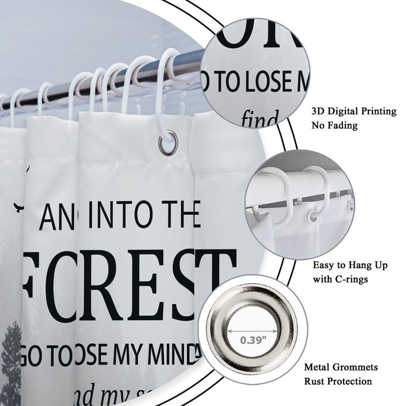 Riyidecor Small Stall Misty Tree Shower Curtain for Bathroom Decor 36Wx72H Narrow Half Rv Mens Dark Foggy Mountain Woodland Quotes Nature Art Printed Fabric Polyester Waterproof 7 Pack Plastic Hooks - Image 4