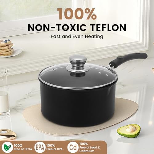 EABOSON Nonstick Saucepan with Lid, 1QT & 1.5QT & 2QT Small Milk Pots Set with Healthy Teflon Coating, Multipurpose Induction Compatible Cooking Pans Kitchen Cookware Set - Image 4