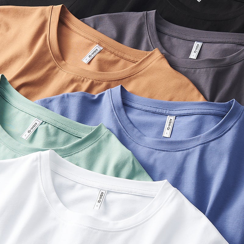 Men's Short-sleeved T-shirt Spring and Summer Round Neck Solid Color Cotton Tight Elastic Men's Slim Fit Base Shirt Top Half-sleeved Men's - Image 5