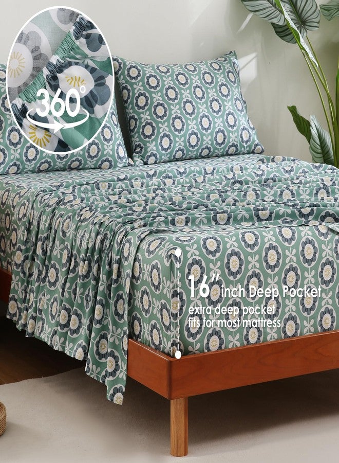 JSD Green Floral Cotton Sheet Set King Size, 300 TC Printed Sateen Bed Sheets Deep Pocket, Soft Breathable Wrinkle Free - Image 5