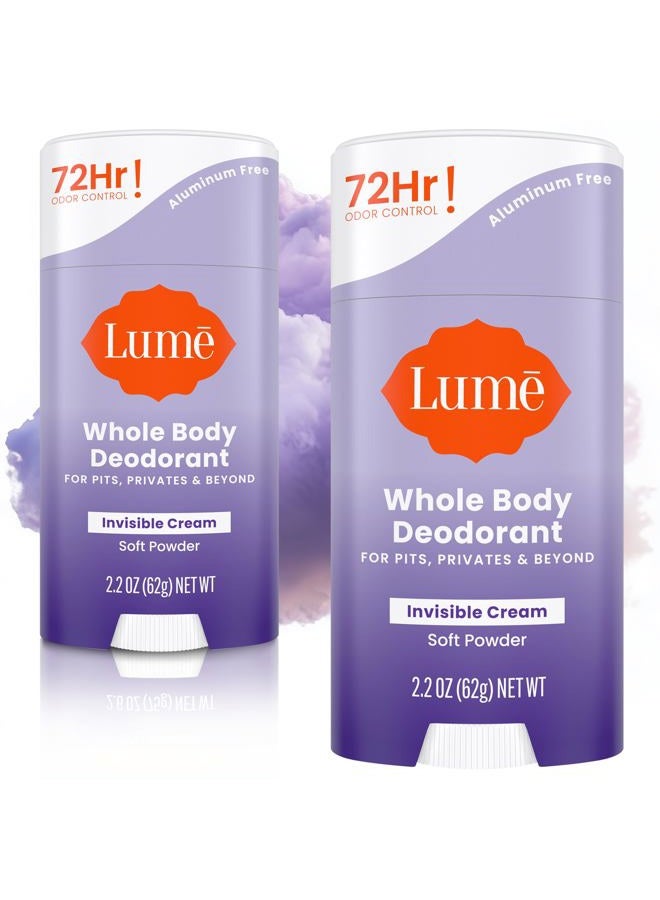 Lume Whole Body Deodorant - Invisible Cream Stick - 72 Hour Odor Control - Aluminum Free, Baking Soda Free, Skin Safe - 2.2 Ounce (Pack of 2) (Soft Powder) - Image 1