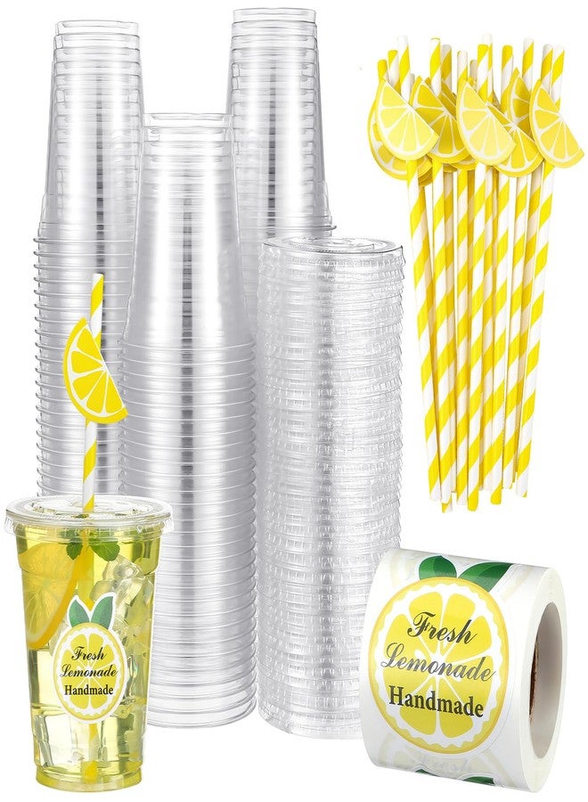 Gilprop 100 Sets Plastic Lemonade Cups with Lids and Straws Lemonade Stand Supplies 12 oz Disposable Lemon Cups Bulk with Stickers Lemonades Bar Supplies for Summer Beverage Drinking Party Favor - Image 1