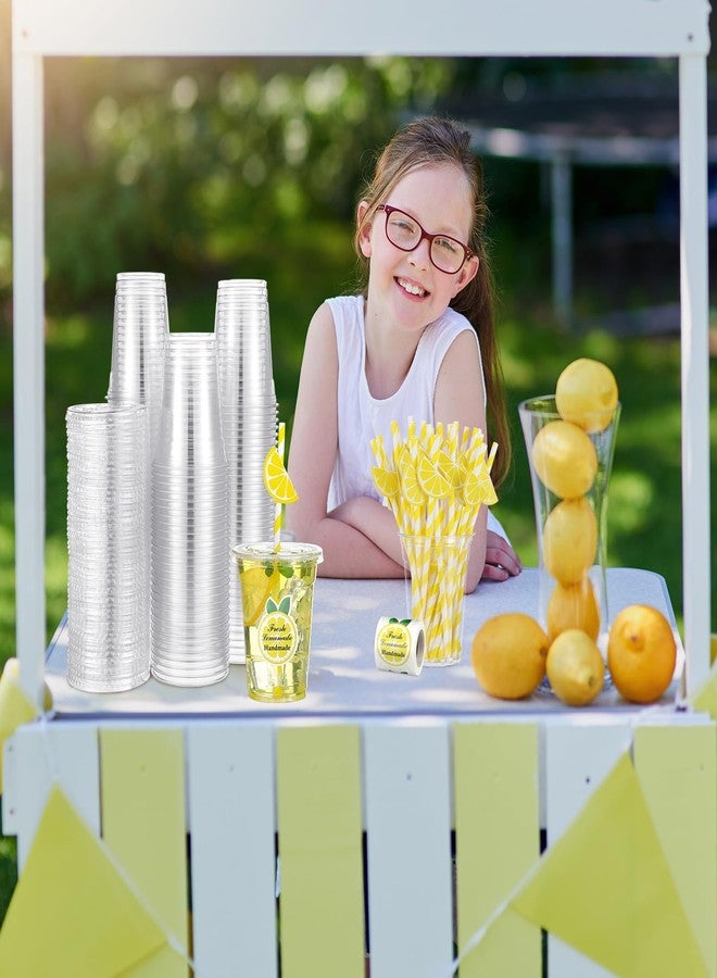 Gilprop 100 Sets Plastic Lemonade Cups with Lids and Straws Lemonade Stand Supplies 12 oz Disposable Lemon Cups Bulk with Stickers Lemonades Bar Supplies for Summer Beverage Drinking Party Favor - Image 5