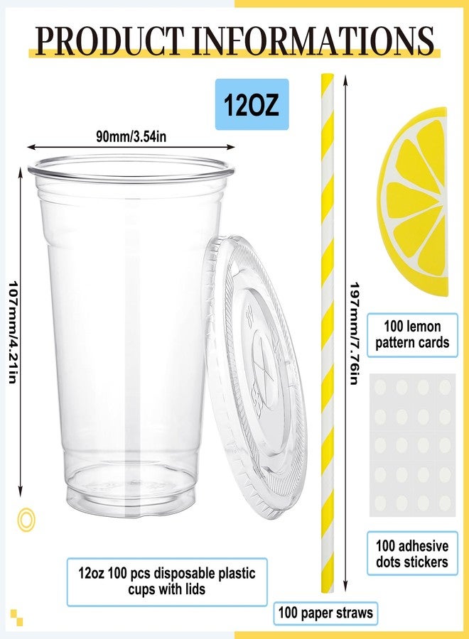 Gilprop 100 Sets Plastic Lemonade Cups with Lids and Straws Lemonade Stand Supplies 12 oz Disposable Lemon Cups Bulk with Stickers Lemonades Bar Supplies for Summer Beverage Drinking Party Favor - Image 2