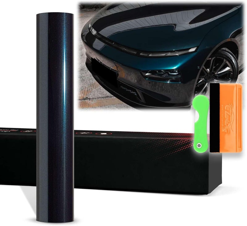 EZAUTO WRAP EZAUTOWRAP 12"x60" (قدم واحد × 5 أقدام) فيلم تغليف سيارات ذاتي اللصق من الفينيل فائق اللمعان المعدني باللون الأخضر الفيروزي PET، تقنية إزالة الهواء الخالية من الفقاعات مع مجموعة الأدوات - Image 1
