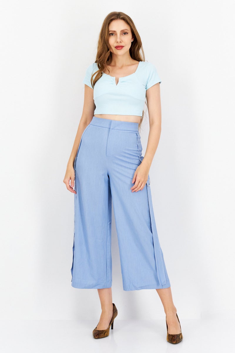 VERO MODA سروال نسائي واسع الخصر عالي، سادة، واسع الأرجل، أزرق - Image 3