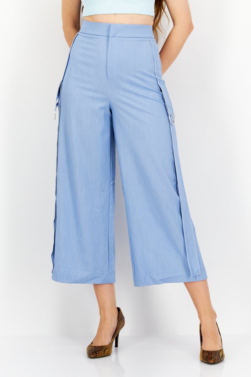 VERO MODA سروال نسائي واسع الخصر عالي، سادة، واسع الأرجل، أزرق - Image 1