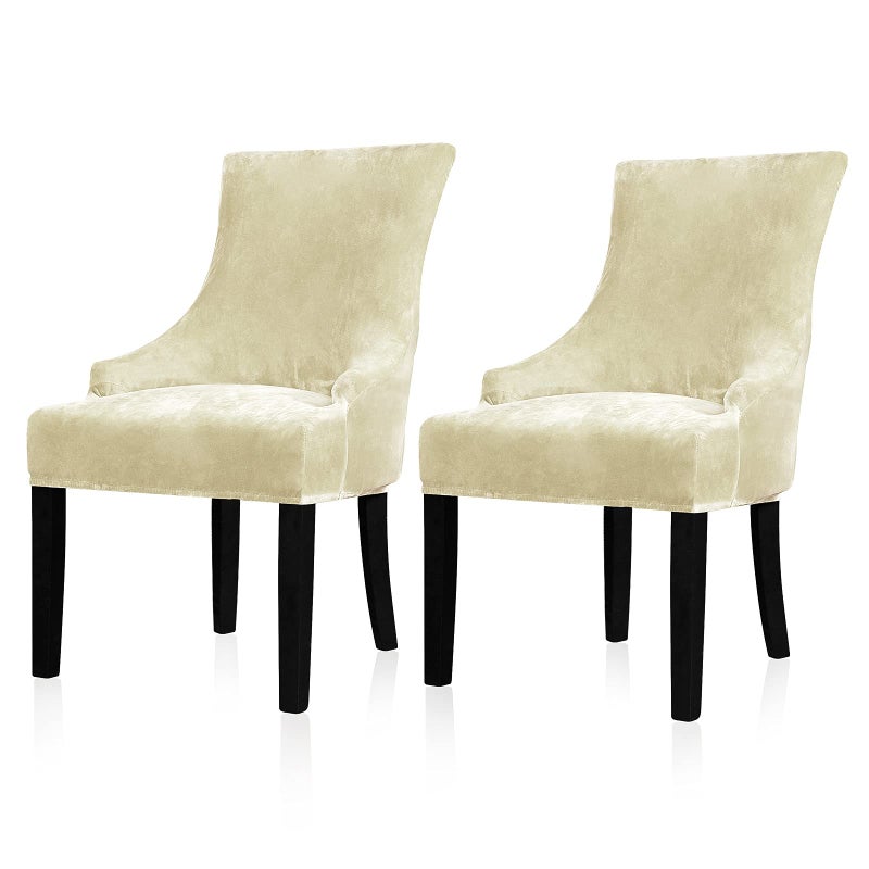 Lellen Velvet Stretch Wingback Chair Cover Slipcover  Reusable Protector Cover for Dining Room Banquet Home Decor etc Machine Washable Hand Washable Cream 2PC