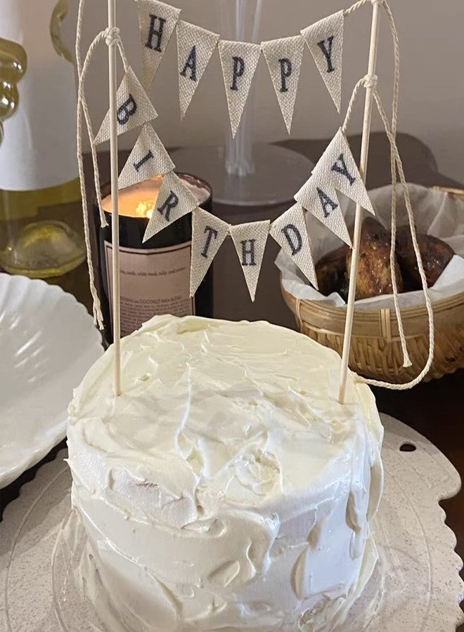 BEAIMUXI زينة كعكة عيد ميلاد سعيد من BEAIMUXI، زينة كعكة، أعلام مثلثة مصنوعة يدويًا مع عمود خشبي، لون عاجي (بدون ورود وردية) - Image 3