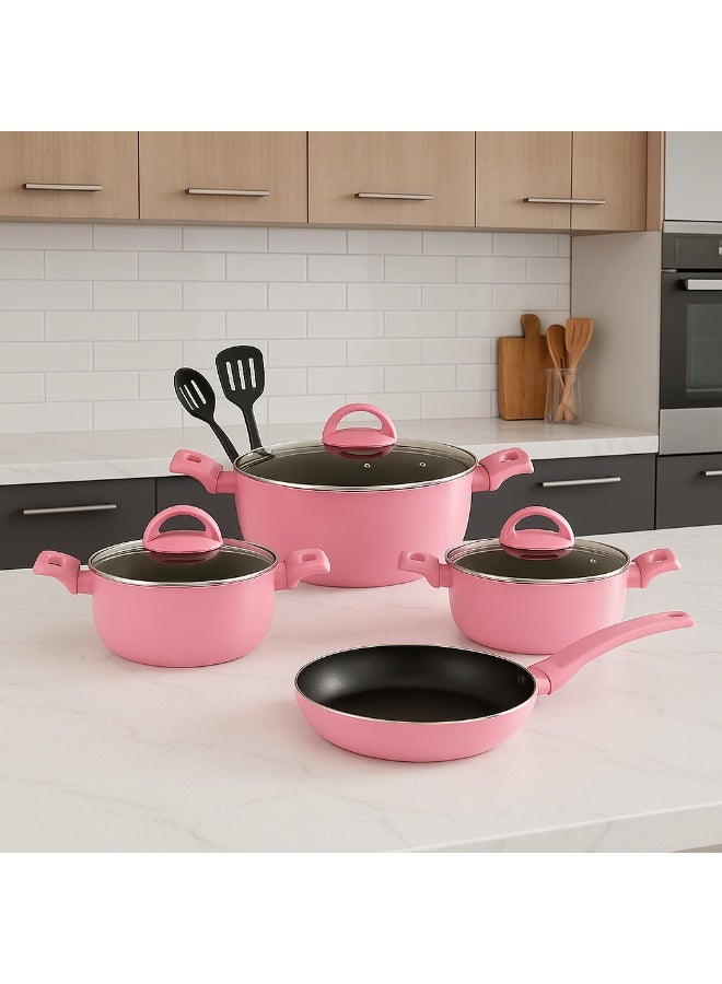 Newflon Neoflam Rose Cookware Set – Elegant Pink Design with Glass Lids & Cooking Spoons | A Feminine Touch in Every Dish - Image 1