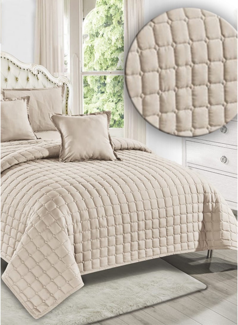 Moon Plain Quilted Compressed Bedspread Set with Elegant Square Design – 4 Pieces – Comforter 170×220 cm – Deep Fitted Sheet 120×200+35 cm with Pillowcase & Decorative Cushion Cover - Image 3