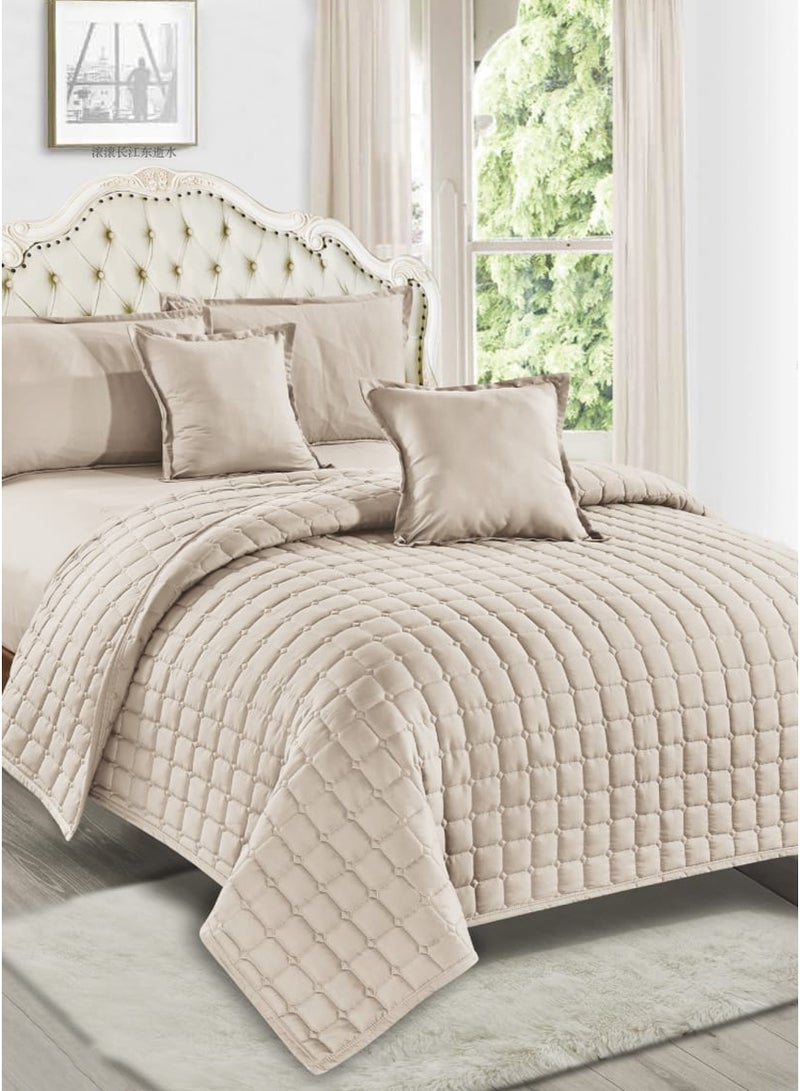 Moon Plain Quilted Compressed Bedspread Set with Elegant Square Design – 4 Pieces – Comforter 170×220 cm – Deep Fitted Sheet 120×200+35 cm with Pillowcase & Decorative Cushion Cover - Image 1