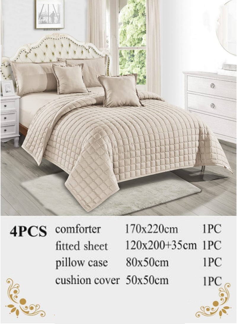Moon Plain Quilted Compressed Bedspread Set with Elegant Square Design – 4 Pieces – Comforter 170×220 cm – Deep Fitted Sheet 120×200+35 cm with Pillowcase & Decorative Cushion Cover - Image 2