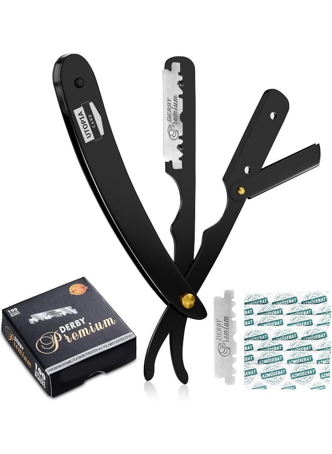Utopia Care Professional Barber Straight Edge Razor Safety With 100-Pack Derby Blades 100 Percent Stainless Steel - Image 1